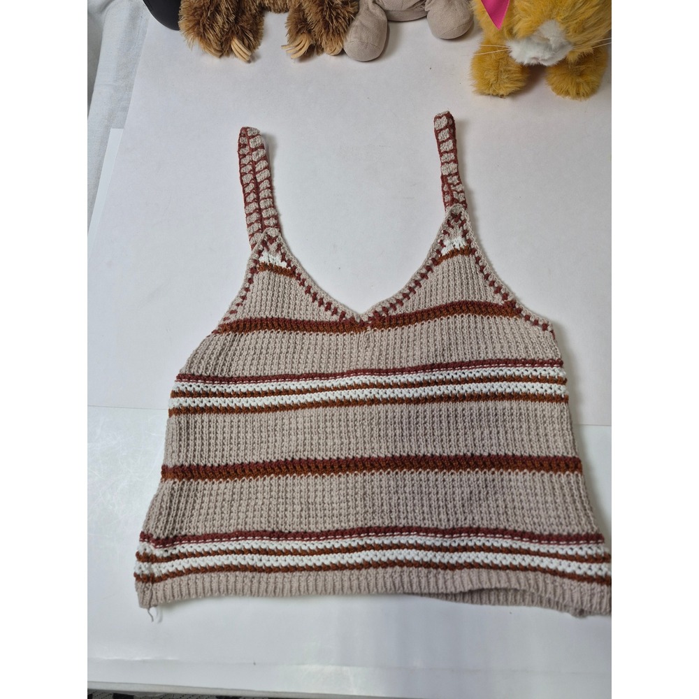 American Eagle Womens Tan‎ Striped Knit Cami Tank Top Boho Crochet V-Neck Size M